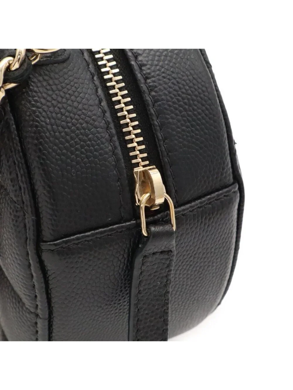 Chanel Quilted Chain Shoulder Bag Pochette Round Crossbody Caviar Leather Black